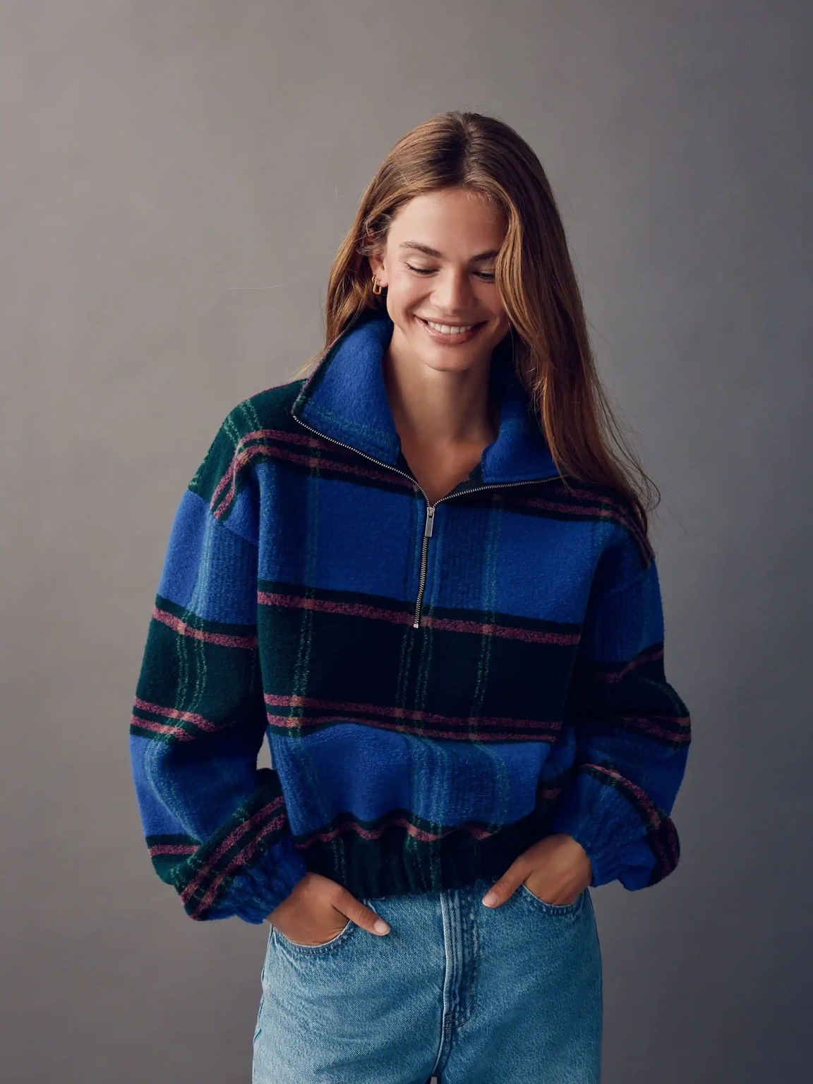 Blue & Green Plaid Fleece Quarter-Zip